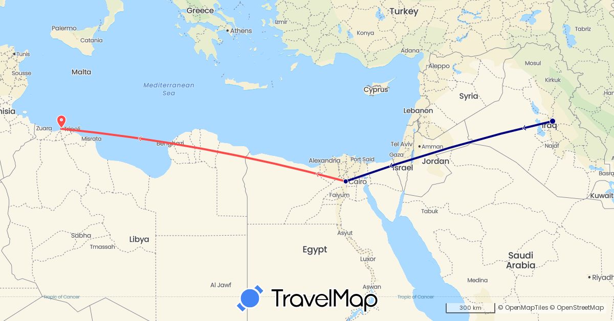TravelMap itinerary: driving, hiking in Egypt, Iraq, Libya (Africa, Asia)